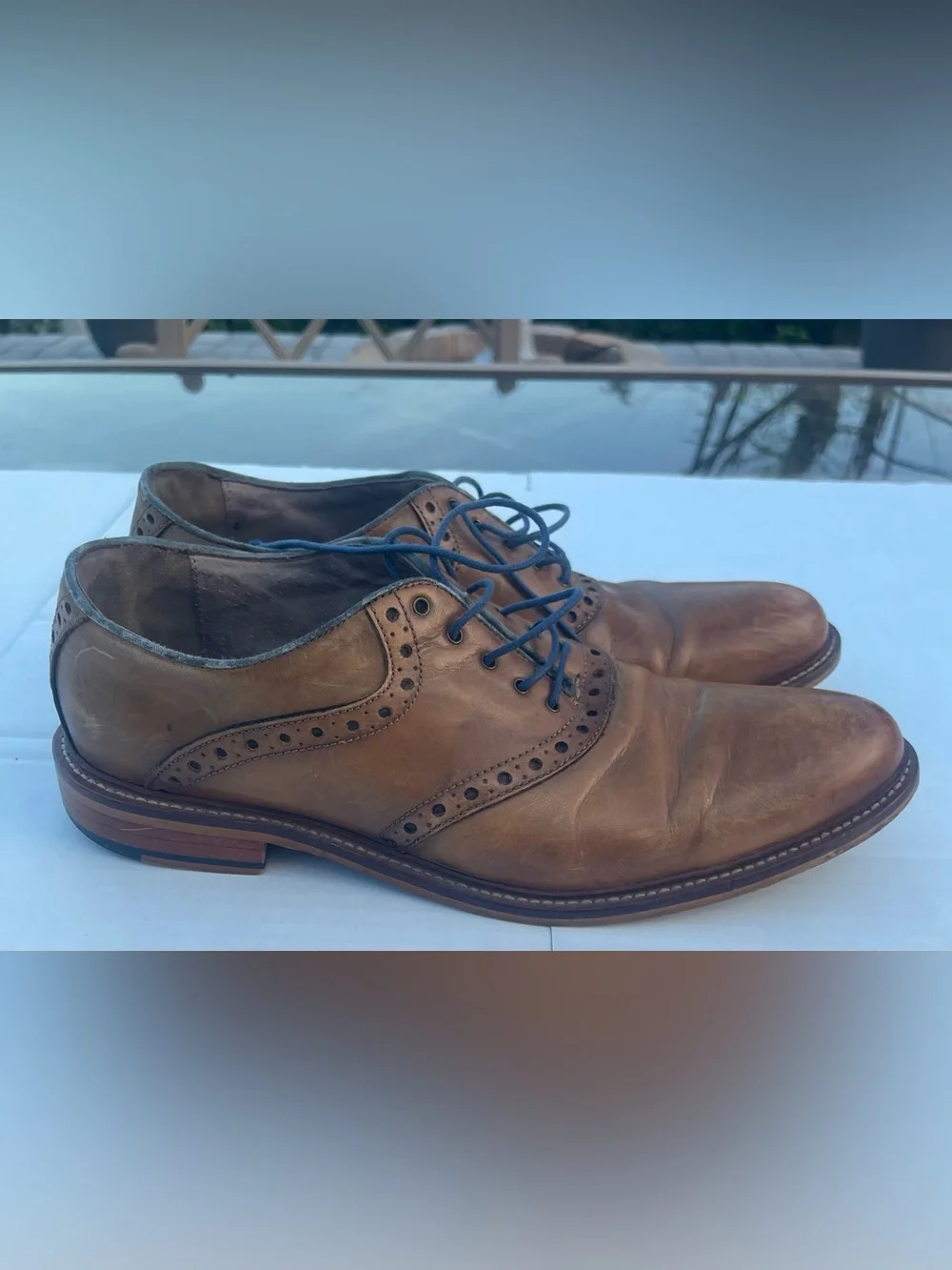 Men's Tan Leather Brogue Derbys with Blue Laces